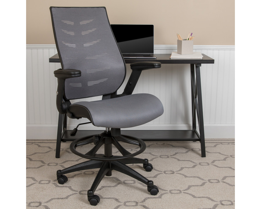 BLNK Kale High-Back Mesh Spine-Back Ergonomic Drafting Chair with Adjustable Foot Ring and Adjustable Flip-Up Arms - Dark Gray