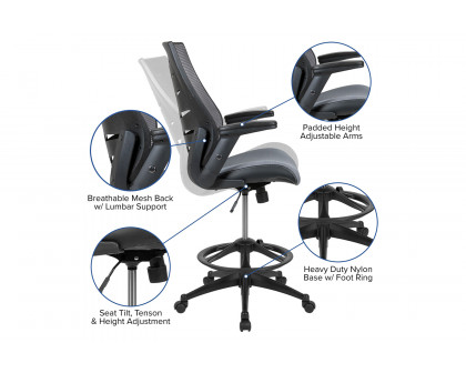 BLNK Kale High-Back Mesh Spine-Back Ergonomic Drafting Chair with Adjustable Foot Ring and Adjustable Flip-Up Arms - Dark Gray