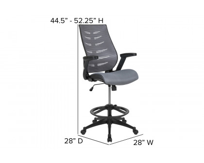 BLNK Kale High-Back Mesh Spine-Back Ergonomic Drafting Chair with Adjustable Foot Ring and Adjustable Flip-Up Arms - Dark Gray