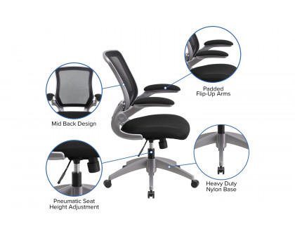 BLNK Kale Mid-Back Mesh Swivel Ergonomic Task Office Chair with Gray Frame and Flip-Up Arms - Black