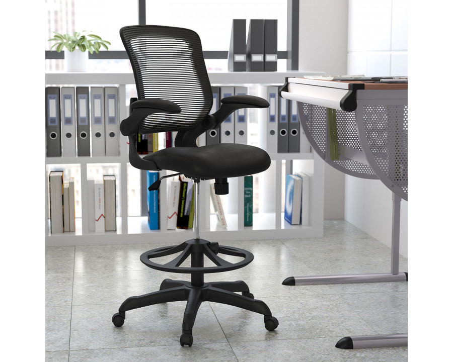 BLNK Kale Mid-Back Mesh Ergonomic Drafting Chair with Adjustable Foot Ring and Flip-Up Arms - Black