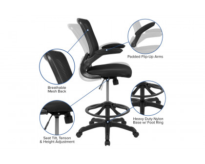 BLNK Kale Mid-Back Mesh Ergonomic Drafting Chair with Adjustable Foot Ring and Flip-Up Arms - Black