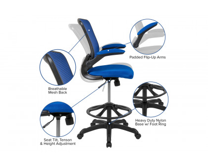 BLNK Kale Mid-Back Mesh Ergonomic Drafting Chair with Adjustable Foot Ring and Flip-Up Arms - Blue