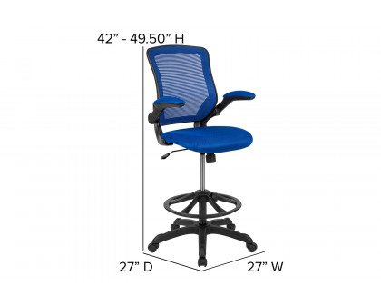 BLNK Kale Mid-Back Mesh Ergonomic Drafting Chair with Adjustable Foot Ring and Flip-Up Arms - Blue