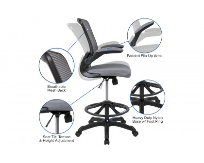 BLNK Kale Mid-Back Mesh Ergonomic Drafting Chair with Adjustable Foot Ring and Flip-Up Arms - Dark Gray