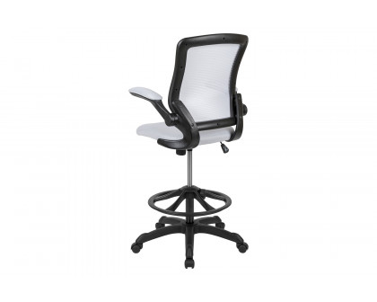 BLNK Kale Mid-Back Mesh Ergonomic Drafting Chair with Adjustable Foot Ring and Flip-Up Arms - White