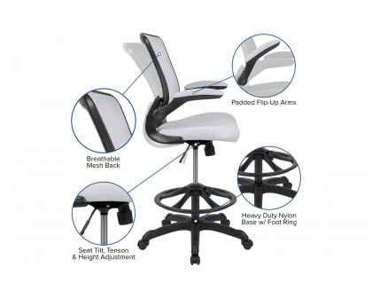 BLNK Kale Mid-Back Mesh Ergonomic Drafting Chair with Adjustable Foot Ring and Flip-Up Arms - White