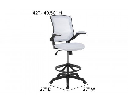 BLNK Kale Mid-Back Mesh Ergonomic Drafting Chair with Adjustable Foot Ring and Flip-Up Arms - White