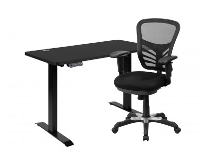 BLNK - Park Wide Black Electric Height Adjustable Standing Desk with Black Mesh Multifunction Executive Swivel Ergonomic Office Chair