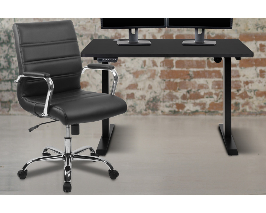 BLNK - Park Wide Black Electric Height Adjustable Standing Desk with Mid-Back Black LeatherSoft and Chrome Executive Swivel Office Chair