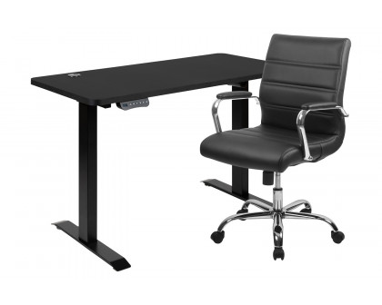 BLNK - Park Wide Black Electric Height Adjustable Standing Desk with Mid-Back Black LeatherSoft and Chrome Executive Swivel Office Chair