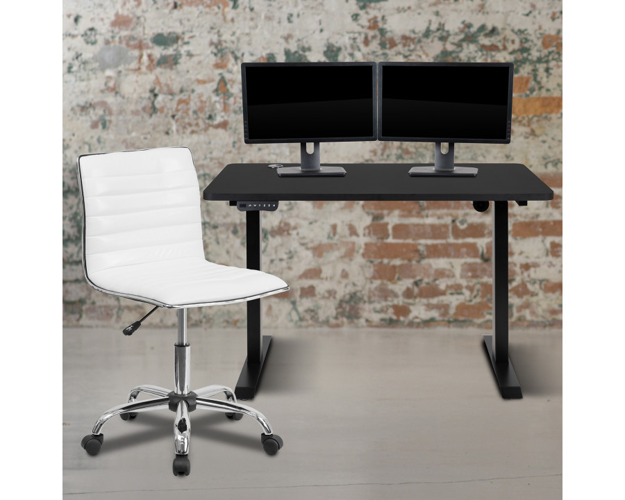 BLNK - Park Wide Black Electric Height Adjustable Standing Desk with Designer Armless White Ribbed Swivel Task Office Chair