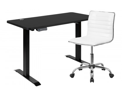 BLNK - Park Wide Black Electric Height Adjustable Standing Desk with Designer Armless White Ribbed Swivel Task Office Chair