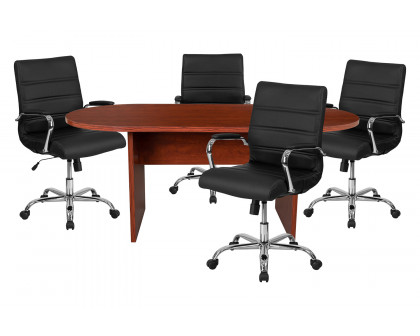 BLNK Lark Oval Conference Table Set with 4 Black and Chrome Executive Chairs - Cherry