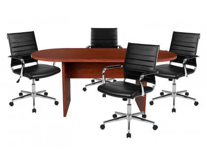 BLNK™ Lark Oval Conference Table Set with 4 Black Ribbed Executive Chairs - Cherry