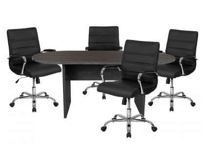 BLNK Lark Oval Conference Table Set with 4 Black and Chrome Executive Chairs - Rustic Gray