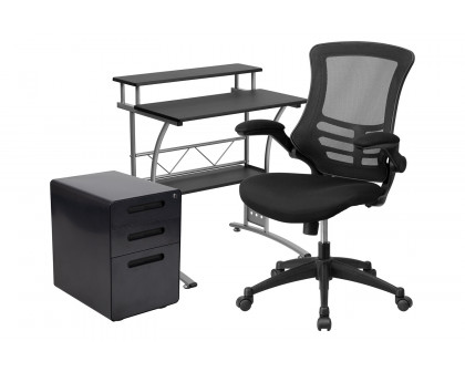 BLNK - Calder Work From Home Kit with Computer Desk, Ergonomic Mesh Office Chair and Locking Mobile Filing Cabinet with Inset Handles