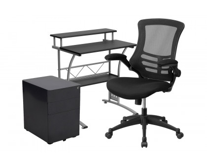 BLNK - Calder Work From Home Kit with Computer Desk, Ergonomic Mesh Office Chair and Locking Mobile Filing Cabinet with Side Handles