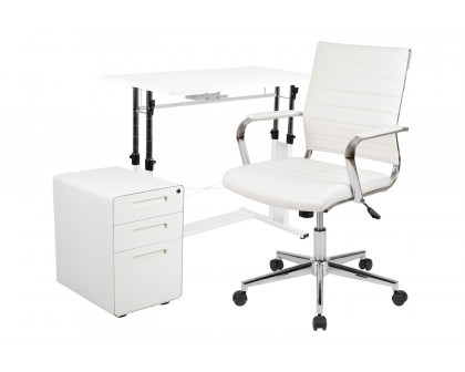 BLNK Stiles Work From Home Kit with Adjustable Computer Desk, Ergonomic Mesh Office Chair and Locking Mobile Filing Cabinet with Inset Handles - White