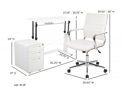 BLNK Stiles Work From Home Kit with Adjustable Computer Desk, Ergonomic Mesh Office Chair and Locking Mobile Filing Cabinet with Inset Handles - White