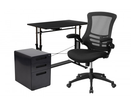 BLNK - Stiles Work From Home Kit with Adjustable Computer Desk, Ergonomic Mesh Office Chair and Locking Mobile Filing Cabinet with Inset Handles