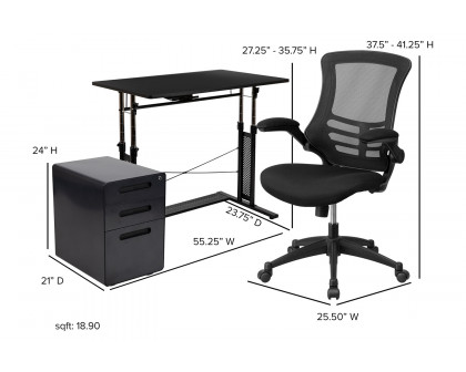 BLNK Stiles Work From Home Kit with Adjustable Computer Desk, Ergonomic Mesh Office Chair and Locking Mobile Filing Cabinet with Inset Handles - Black