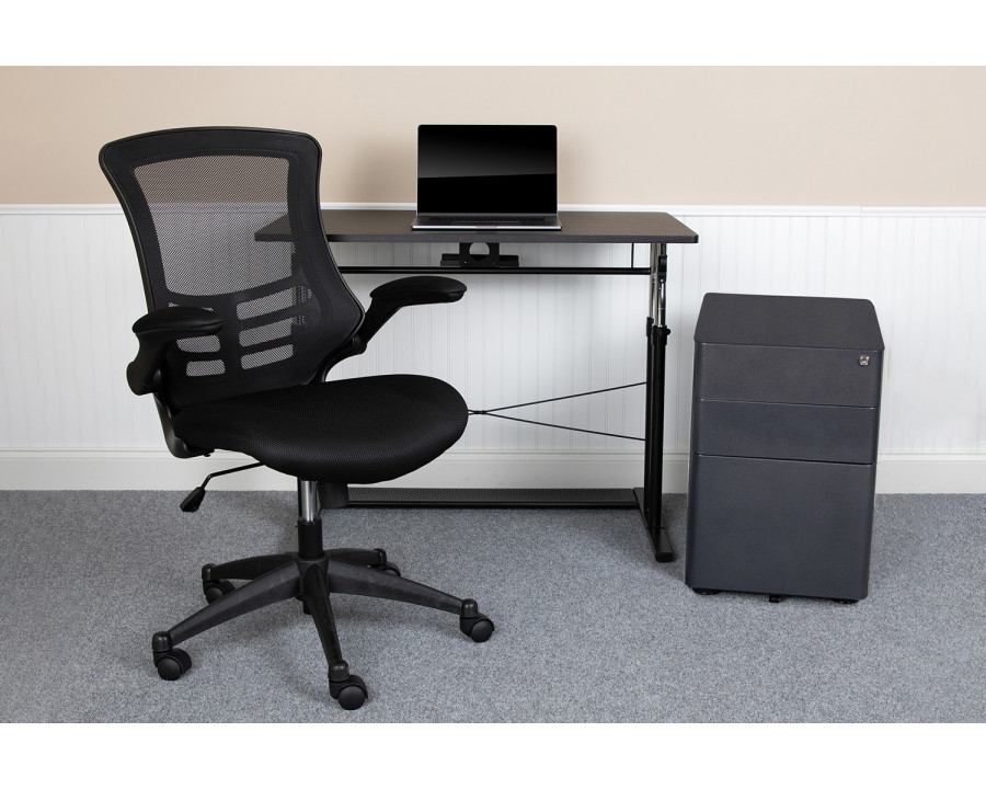 BLNK Stiles Work From Home Kit with Adjustable Computer Desk, Ergonomic Mesh Office Chair and Locking Mobile Filing Cabinet with Side Handles - Black