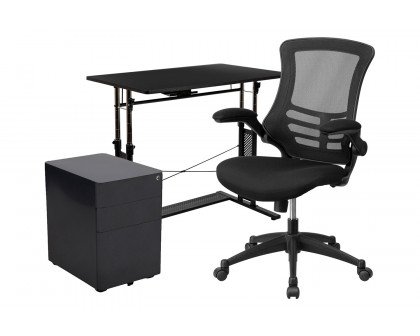 BLNK Stiles Work From Home Kit with Adjustable Computer Desk, Ergonomic Mesh Office Chair and Locking Mobile Filing Cabinet with Side Handles - Black