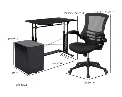 BLNK Stiles Work From Home Kit with Adjustable Computer Desk, Ergonomic Mesh Office Chair and Locking Mobile Filing Cabinet with Side Handles - Black