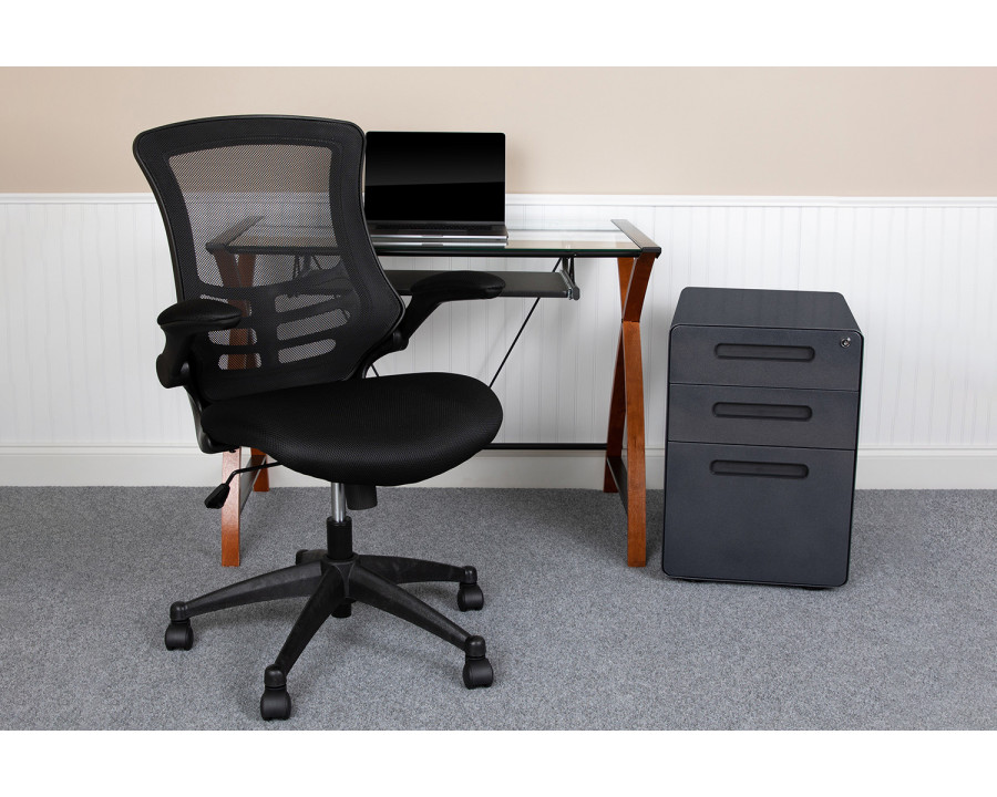 BLNK - Stiles Work From Home Kit with Glass Desk with Keyboard Tray, Ergonomic Mesh Office Chair and Filing Cabinet with Lock and Inset Handles