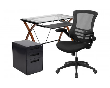 BLNK - Stiles Work From Home Kit with Glass Desk with Keyboard Tray, Ergonomic Mesh Office Chair and Filing Cabinet with Lock and Inset Handles