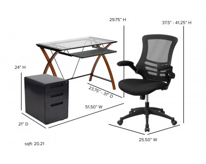 BLNK - Stiles Work From Home Kit with Glass Desk with Keyboard Tray, Ergonomic Mesh Office Chair and Filing Cabinet with Lock and Inset Handles