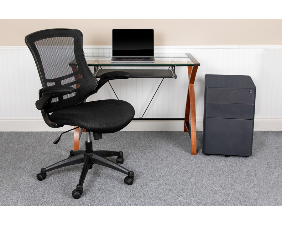 BLNK - Stiles Work From Home Kit with Glass Desk with Keyboard Tray, Ergonomic Mesh Office Chair and Filing Cabinet with Lock and Side Handles