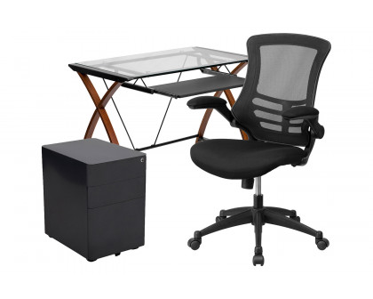 BLNK - Stiles Work From Home Kit with Glass Desk with Keyboard Tray, Ergonomic Mesh Office Chair and Filing Cabinet with Lock and Side Handles