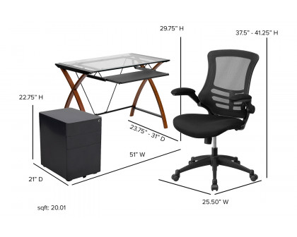 BLNK - Stiles Work From Home Kit with Glass Desk with Keyboard Tray, Ergonomic Mesh Office Chair and Filing Cabinet with Lock and Side Handles