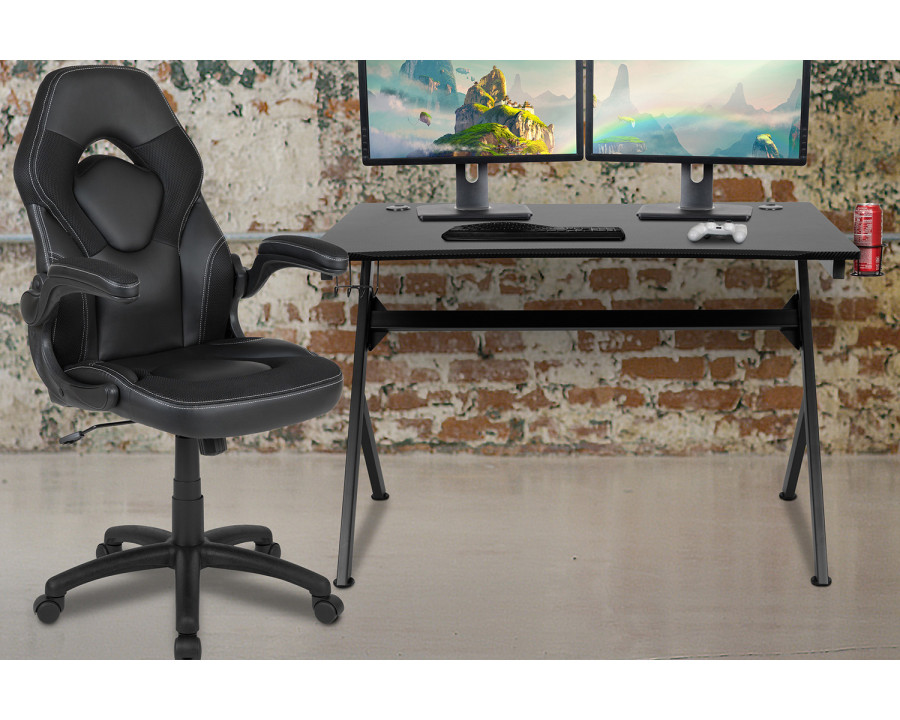 BLNK Optis Black Gaming Desk and Racing Chair Set with Cup Holder, Headphone Hook and 2 Wire Management Holes - Black