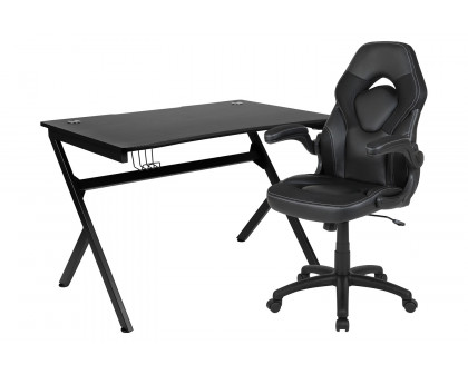 BLNK Optis Black Gaming Desk and Racing Chair Set with Cup Holder, Headphone Hook and 2 Wire Management Holes - Black