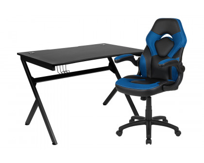 BLNK Optis Black Gaming Desk and Racing Chair Set with Cup Holder, Headphone Hook and 2 Wire Management Holes - Blue