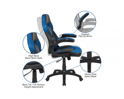 BLNK Optis Black Gaming Desk and Racing Chair Set with Cup Holder, Headphone Hook and 2 Wire Management Holes - Blue