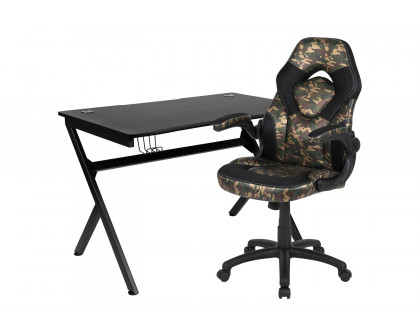 BLNK Optis Black Gaming Desk and Racing Chair Set with Cup Holder, Headphone Hook and 2 Wire Management Holes - Camouflage