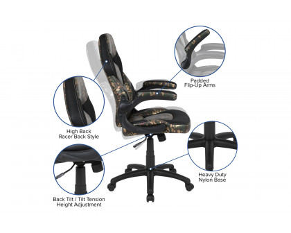 BLNK Optis Black Gaming Desk and Racing Chair Set with Cup Holder, Headphone Hook and 2 Wire Management Holes - Camouflage