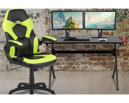 BLNK Optis Black Gaming Desk and Racing Chair Set with Cup Holder, Headphone Hook and 2 Wire Management Holes