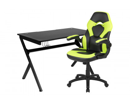 BLNK Optis Black Gaming Desk and Racing Chair Set with Cup Holder, Headphone Hook and 2 Wire Management Holes - Green