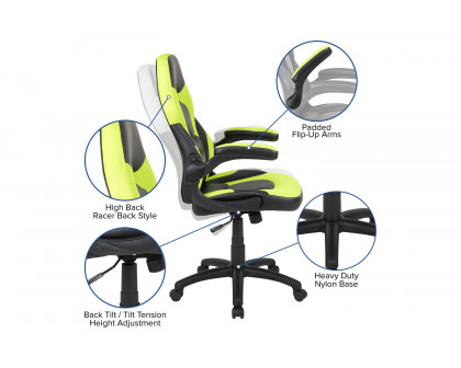 BLNK Optis Black Gaming Desk and Racing Chair Set with Cup Holder, Headphone Hook and 2 Wire Management Holes - Green