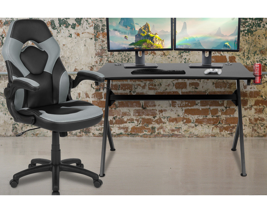 BLNK Optis Black Gaming Desk and Racing Chair Set with Cup Holder, Headphone Hook and 2 Wire Management Holes - Gray