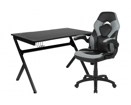 BLNK Optis Black Gaming Desk and Racing Chair Set with Cup Holder, Headphone Hook and 2 Wire Management Holes - Gray