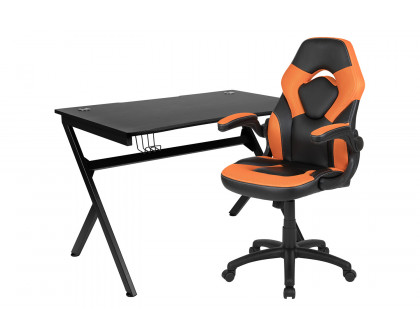 BLNK Optis Black Gaming Desk and Racing Chair Set with Cup Holder, Headphone Hook and 2 Wire Management Holes - Orange