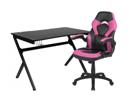 BLNK Optis Black Gaming Desk and Racing Chair Set with Cup Holder, Headphone Hook and 2 Wire Management Holes - Pink