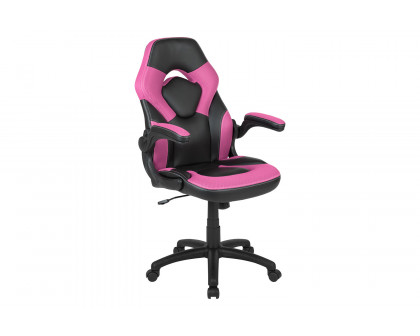 BLNK Optis Black Gaming Desk and Racing Chair Set with Cup Holder, Headphone Hook and 2 Wire Management Holes - Pink