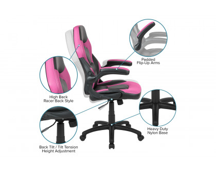 BLNK Optis Black Gaming Desk and Racing Chair Set with Cup Holder, Headphone Hook and 2 Wire Management Holes - Pink